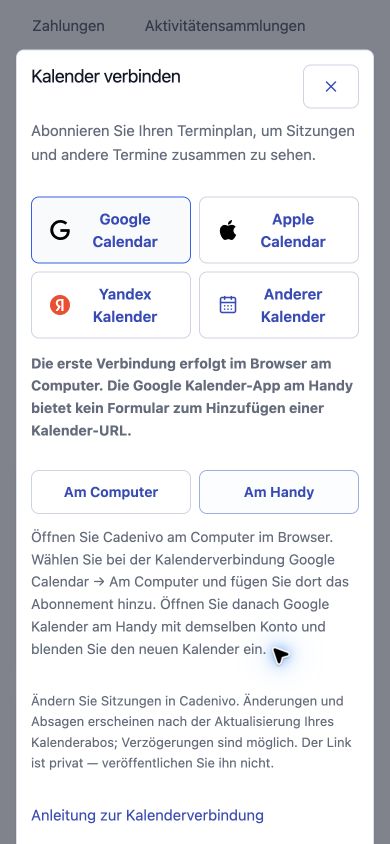 Tatsächlicher Cadenivo-Dialog zur Kalenderverbindung auf Deutsch mit Anleitung für das Handy