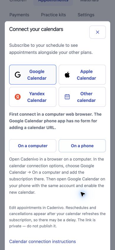 Real Cadenivo calendar connection dialog in English, showing instructions for a phone