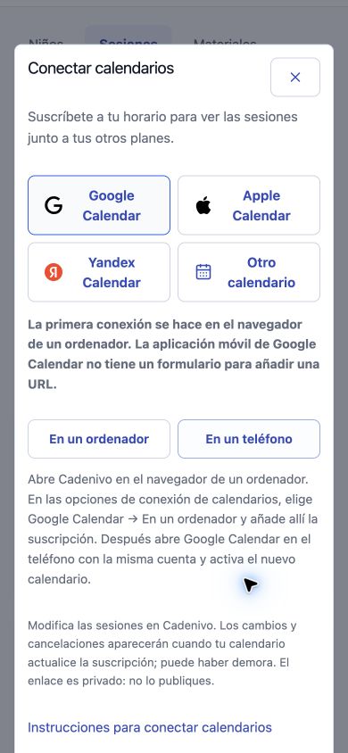 Diálogo real de conexión de calendarios de Cadenivo en español con instrucciones para un teléfono