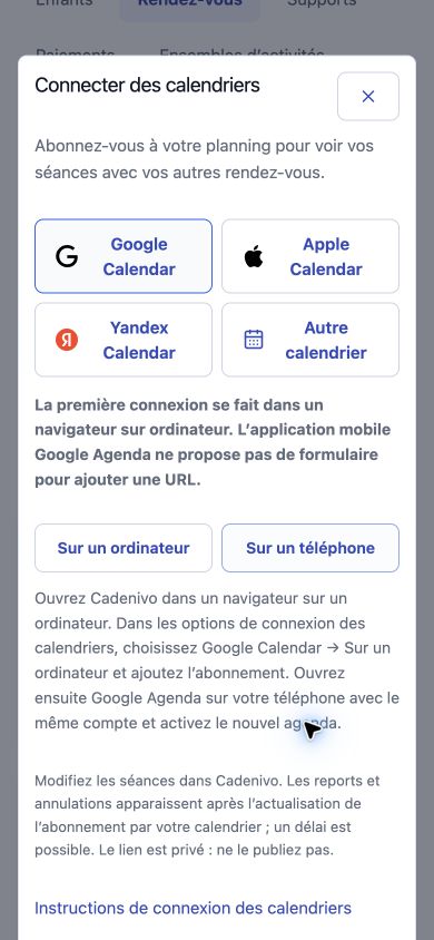 Véritable fenêtre de connexion des calendriers Cadenivo en français, avec les consignes pour téléphone
