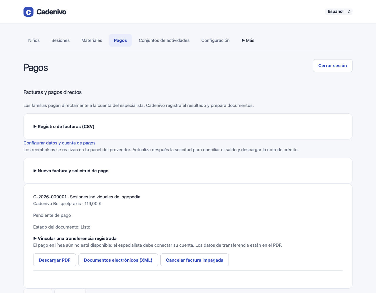 Pantalla real de Cadenivo en español con los botones de PDF y documentos electrónicos XML para Alemania.