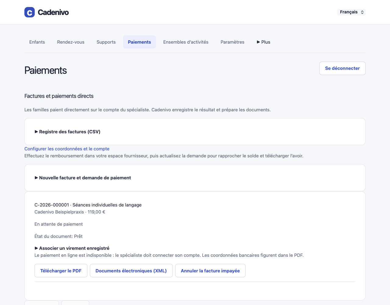 Écran réel de Cadenivo en français avec les boutons PDF et documents électroniques XML pour l’Allemagne.