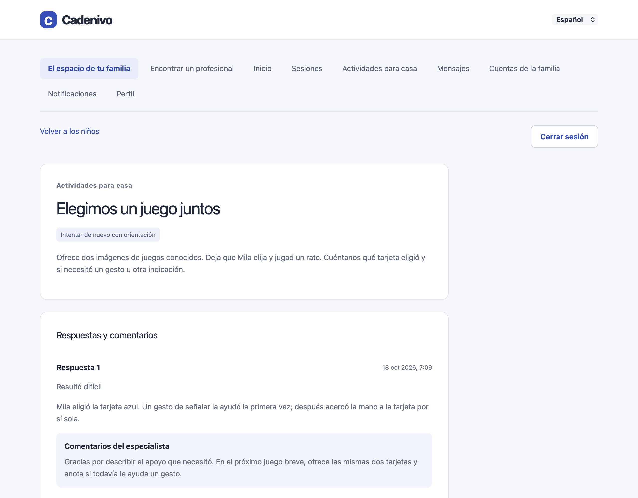Vista familiar de Cadenivo en español con una respuesta ficticia sobre la práctica y comentarios autorizados del especialista