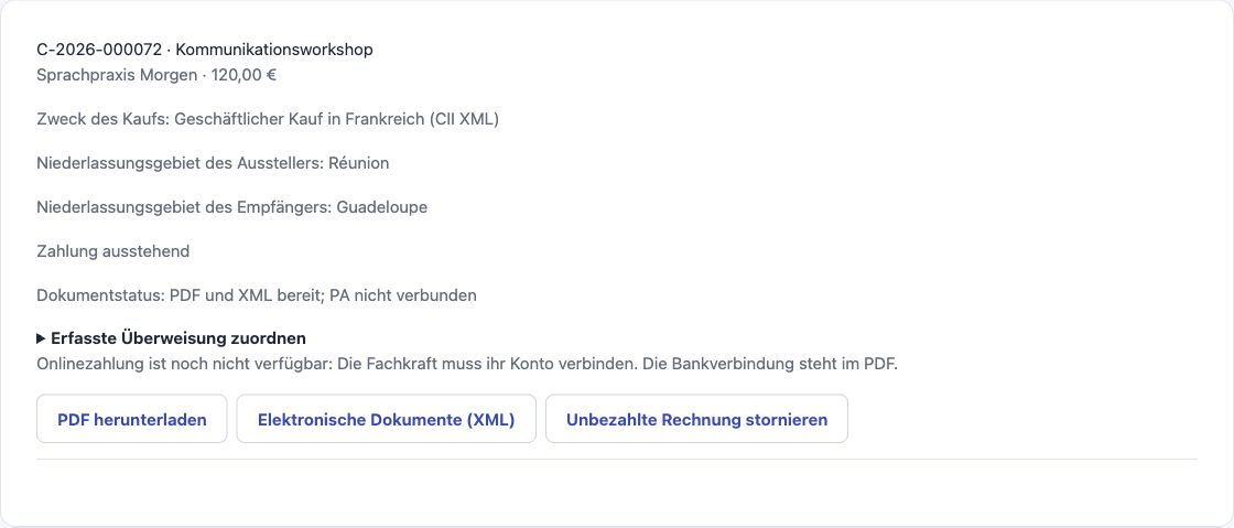 Echte deutsche Cadenivo-Geschäftsrechnungskarte mit PDF- und CII-XML-Schaltflächen für Frankreich.