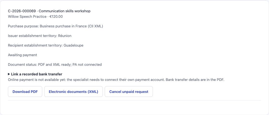 Actual English Cadenivo business invoice card with PDF and CII XML download buttons for France.
