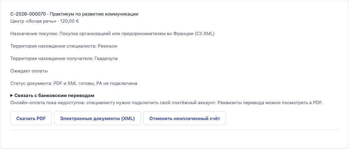 Настоящая русская карточка делового счёта Cadenivo с кнопками PDF и CII XML для Франции.
