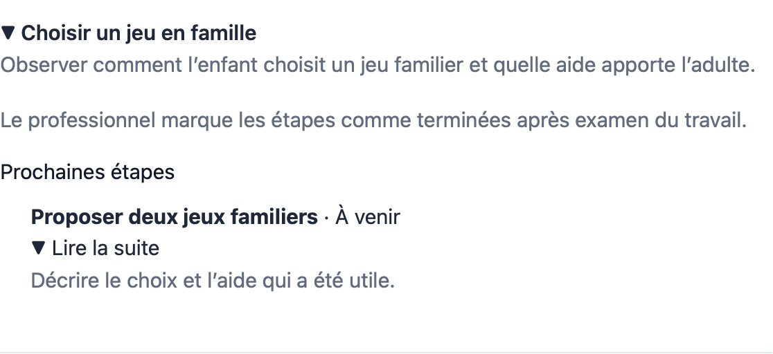 Espace famille réel de Cadenivo en français montrant un objectif de jeu fictif et son critère d’observation