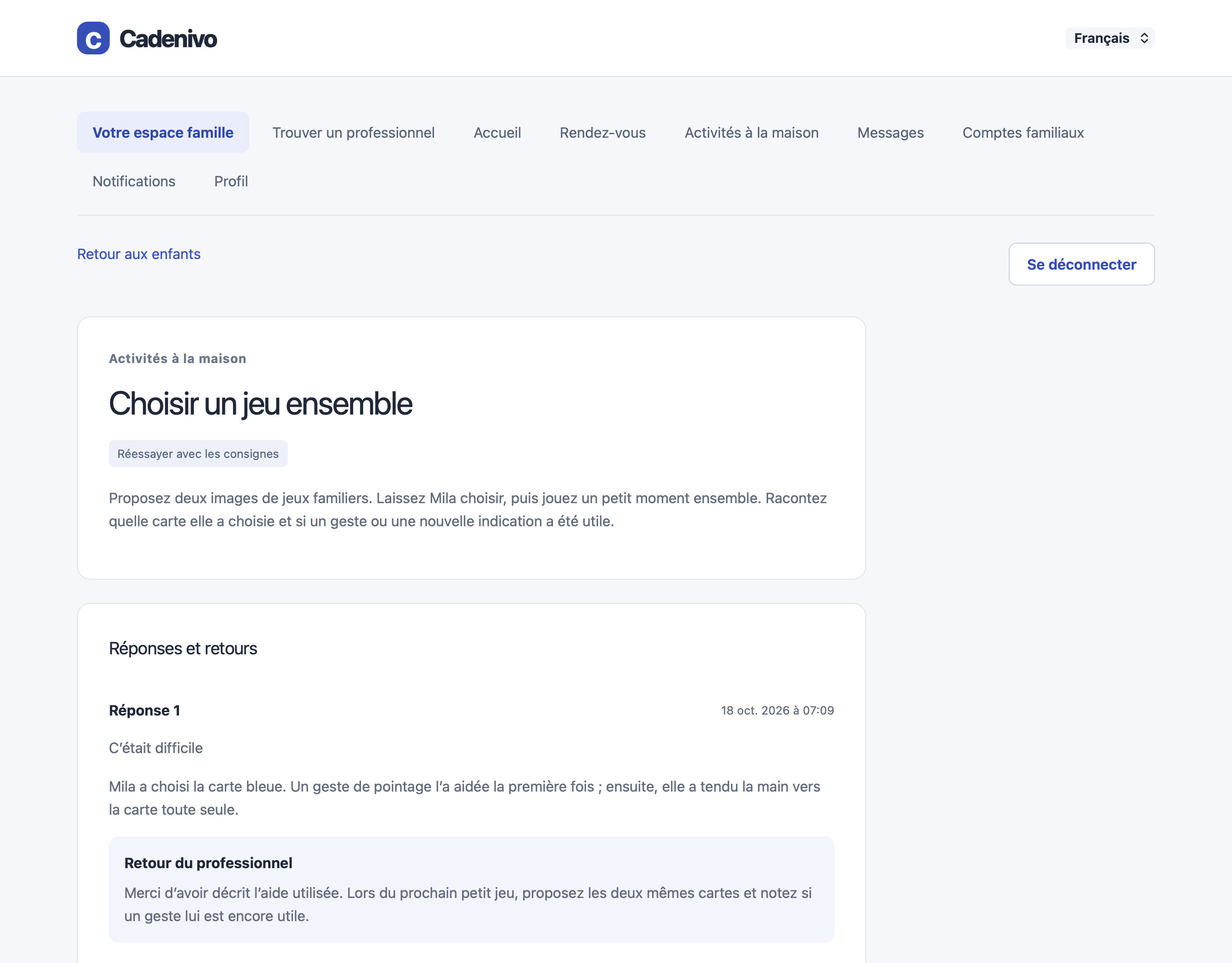 Espace famille Cadenivo en français avec une réponse fictive sur une activité et le retour autorisé du spécialiste