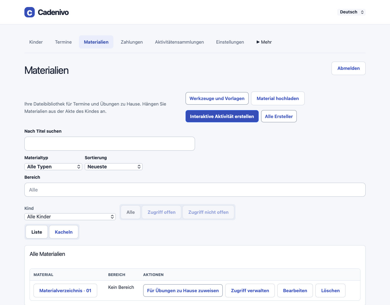 Cadenivo-Materialbibliothek auf Deutsch mit Suche und Filtern