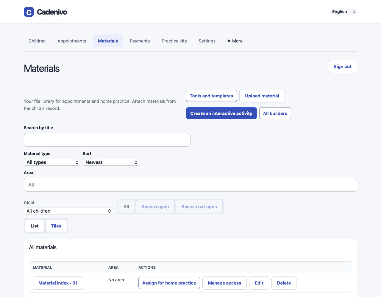 Cadenivo material library in English with search and filters