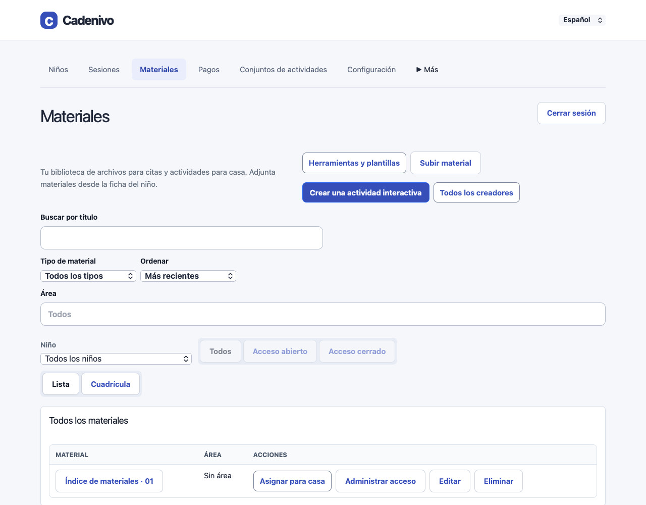 Biblioteca de materiales de Cadenivo en español con búsqueda y filtros