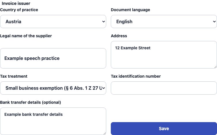 Real Austria supplier settings in Cadenivo, shown in English with synthetic example data