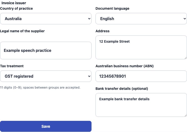 Real Australia supplier settings in Cadenivo, shown in English with synthetic example data