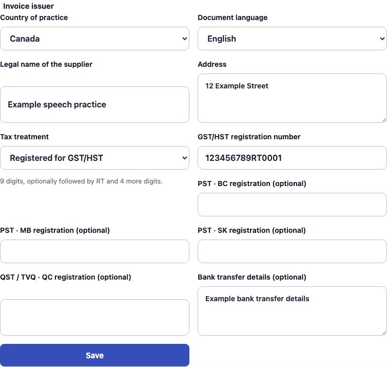 Real Canada supplier settings in Cadenivo, shown in English with synthetic example data
