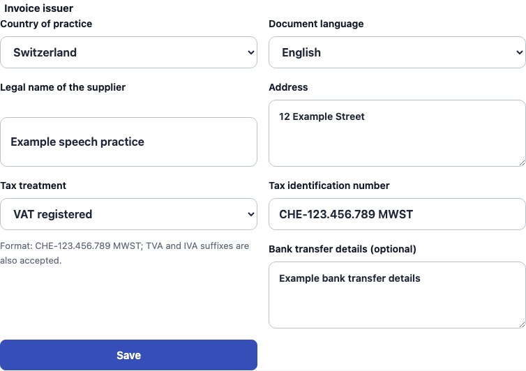 Real Switzerland supplier settings in Cadenivo, shown in English with synthetic example data