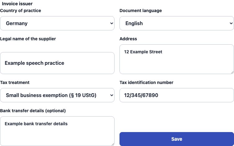 Real Germany supplier settings in Cadenivo, shown in English with synthetic example data
