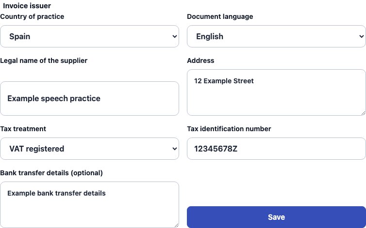 Real Spain supplier settings in Cadenivo, shown in English with synthetic example data