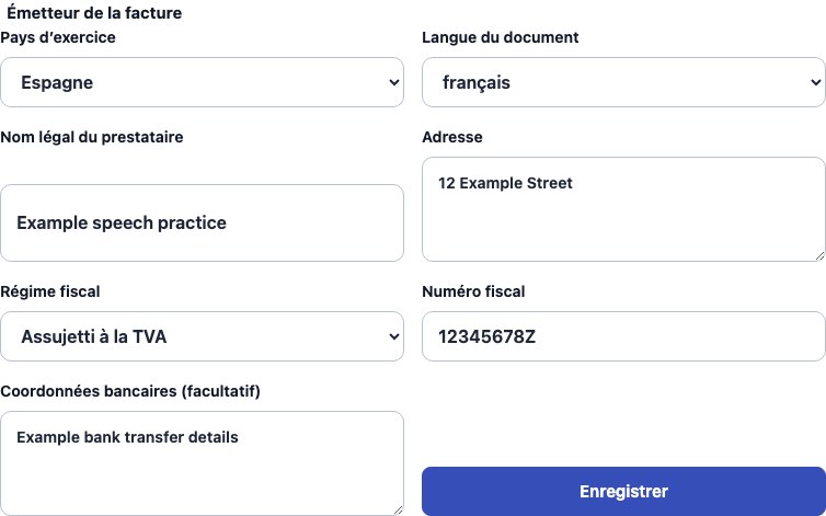 Véritable formulaire Cadenivo pour Espagne, en français avec des données synthétiques