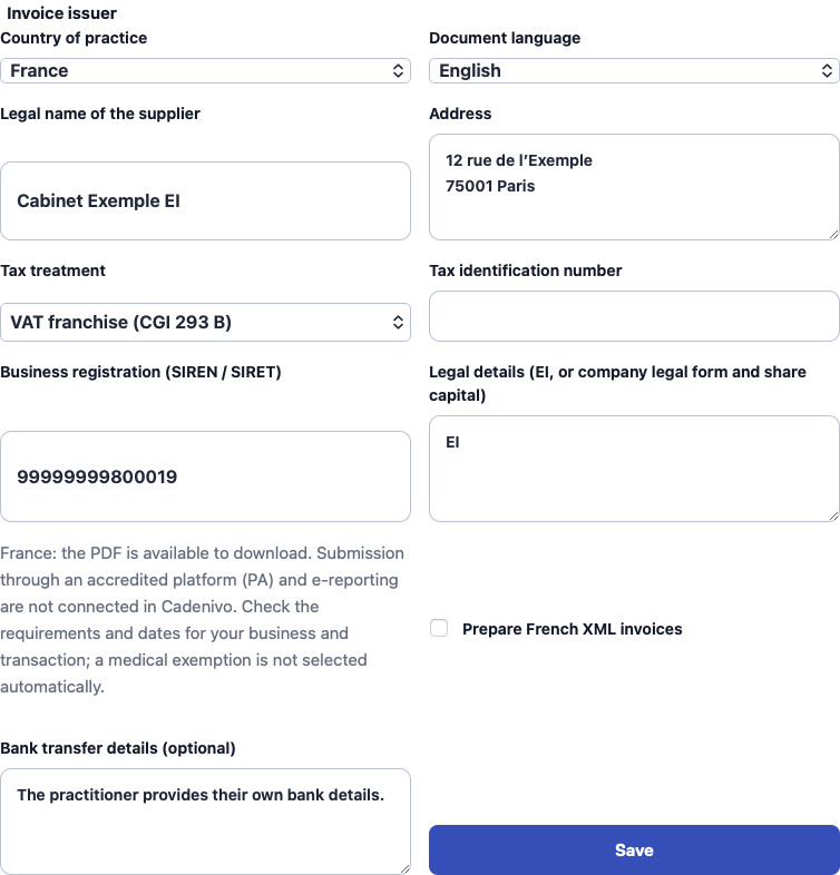 Real France supplier settings in Cadenivo, shown in English with synthetic example data