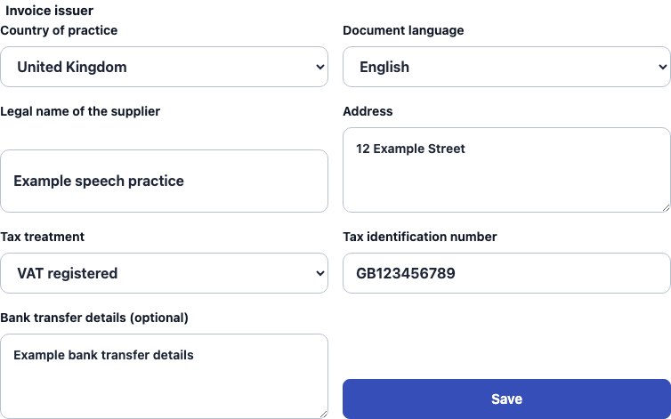 Real United Kingdom supplier settings in Cadenivo, shown in English with synthetic example data