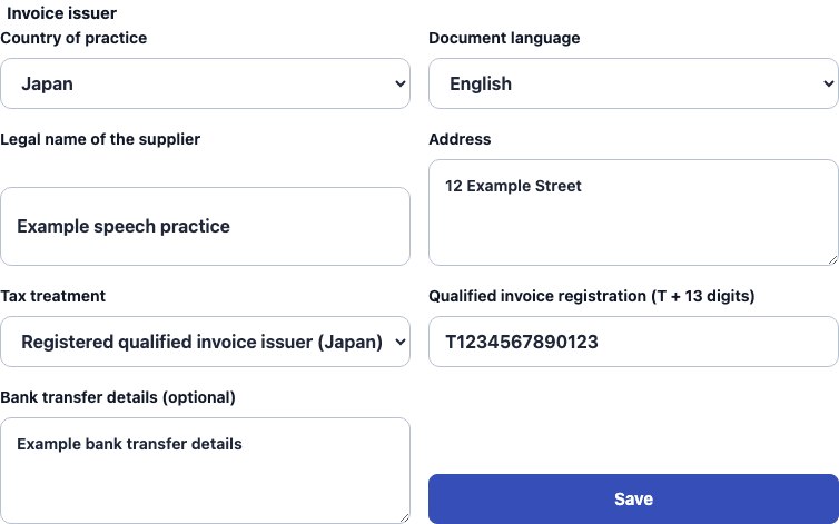 Real Japan supplier settings in Cadenivo, shown in English with synthetic example data
