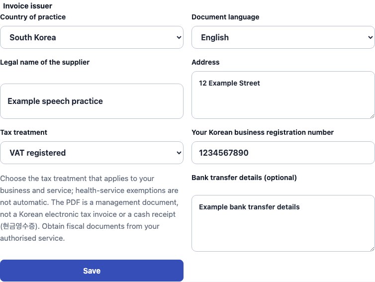 Real South Korea supplier settings in Cadenivo, shown in English with synthetic example data