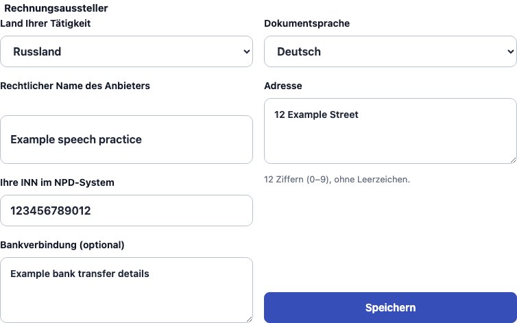 Echtes Cadenivo-Formular für Russland, auf Deutsch mit synthetischen Beispieldaten