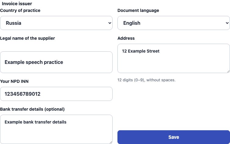 Real Russia supplier settings in Cadenivo, shown in English with synthetic example data