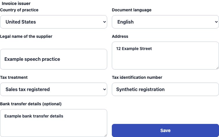 Real United States supplier settings in Cadenivo, shown in English with synthetic example data