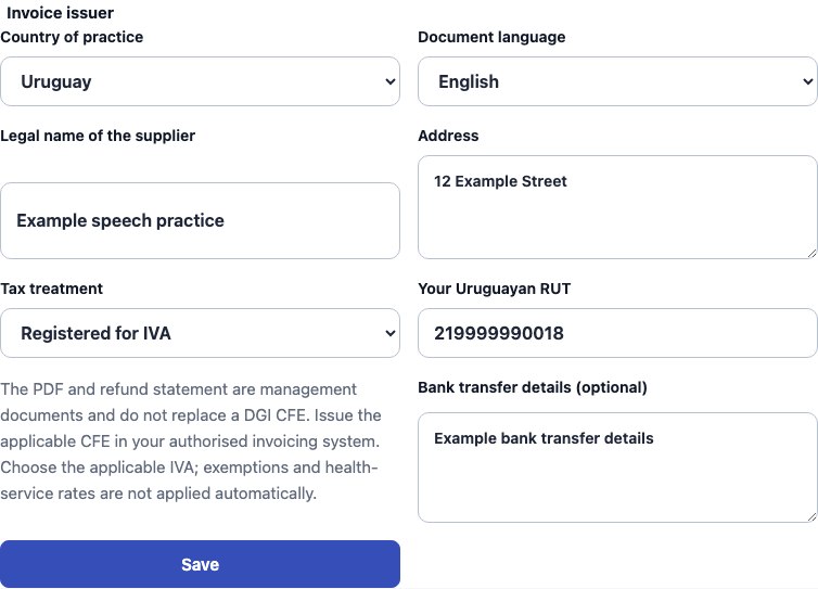 Real Uruguay supplier settings in Cadenivo, shown in English with synthetic example data