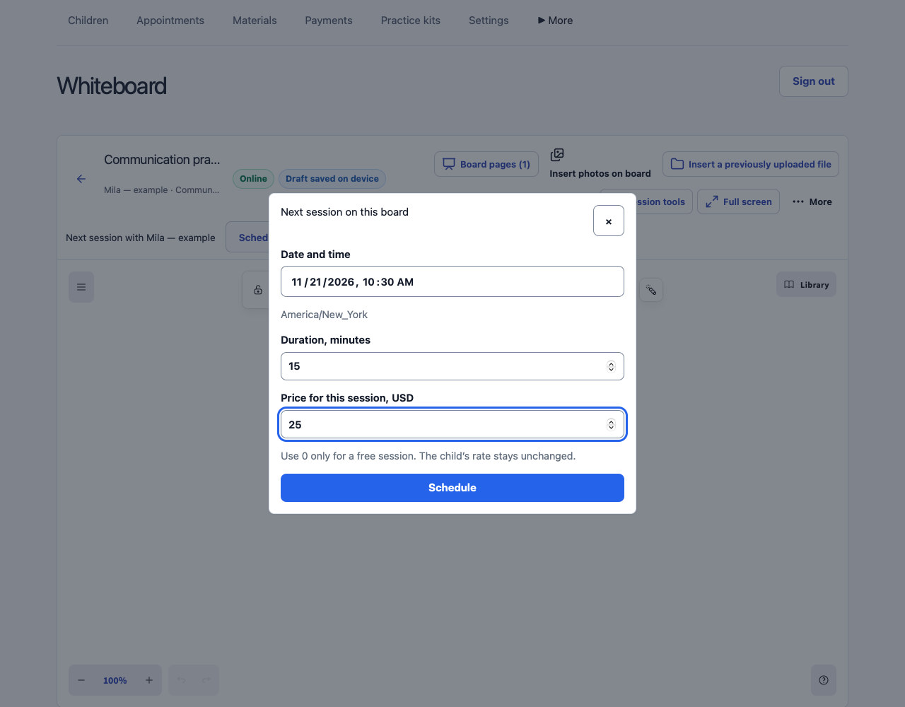 Next-session form with a fifteen-minute duration and one-off price in the service currency